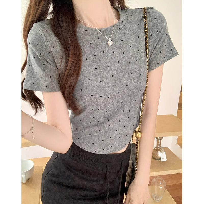 Grey Polka Dot Slim Fit Women Summer Crop T-Shirt
