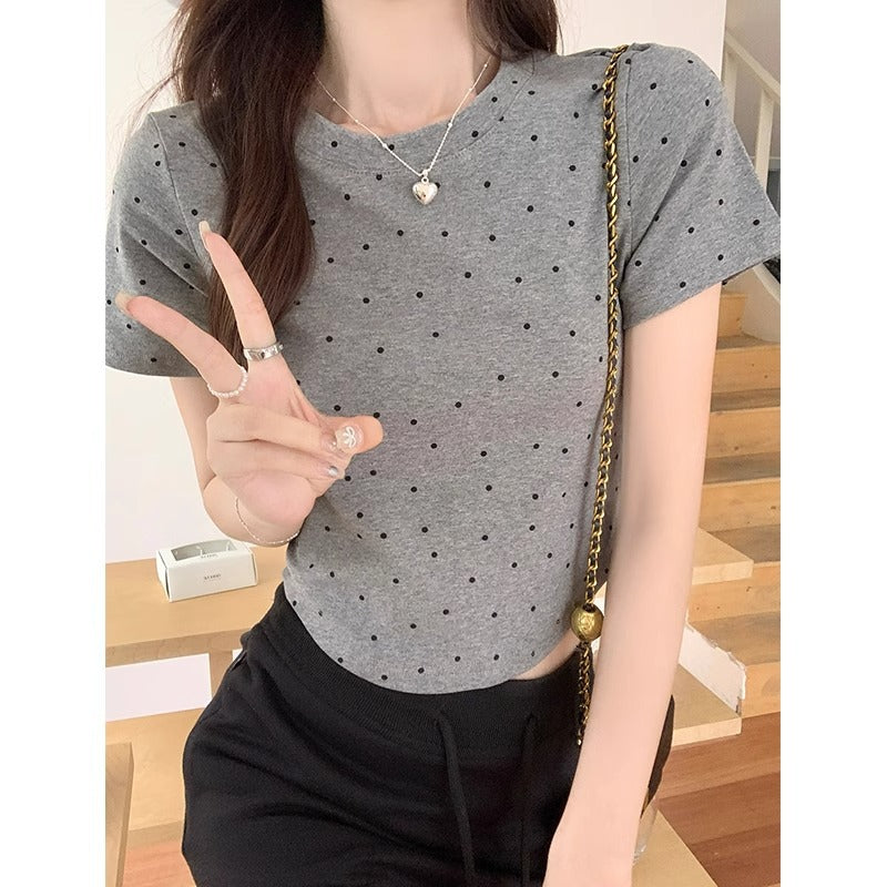 Grey Polka Dot Slim Fit Women Summer Crop T-Shirt