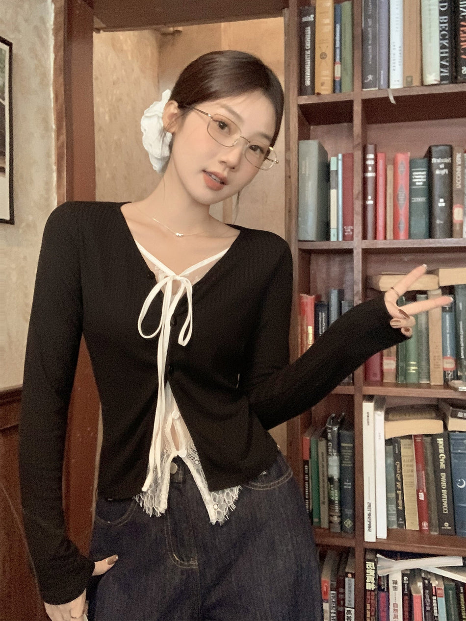 Korean Lace Button Cardigan Women Long Sleeve Top