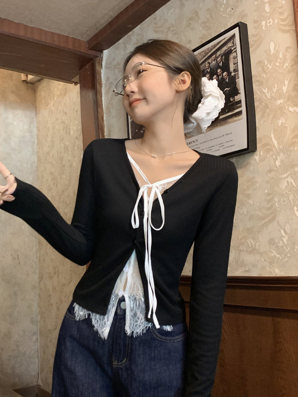Korean Lace Button Cardigan Women Long Sleeve Top