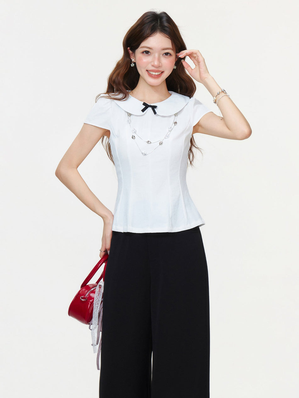 White Bow Doll Collar Slim Fit Women Summer T-Shirt