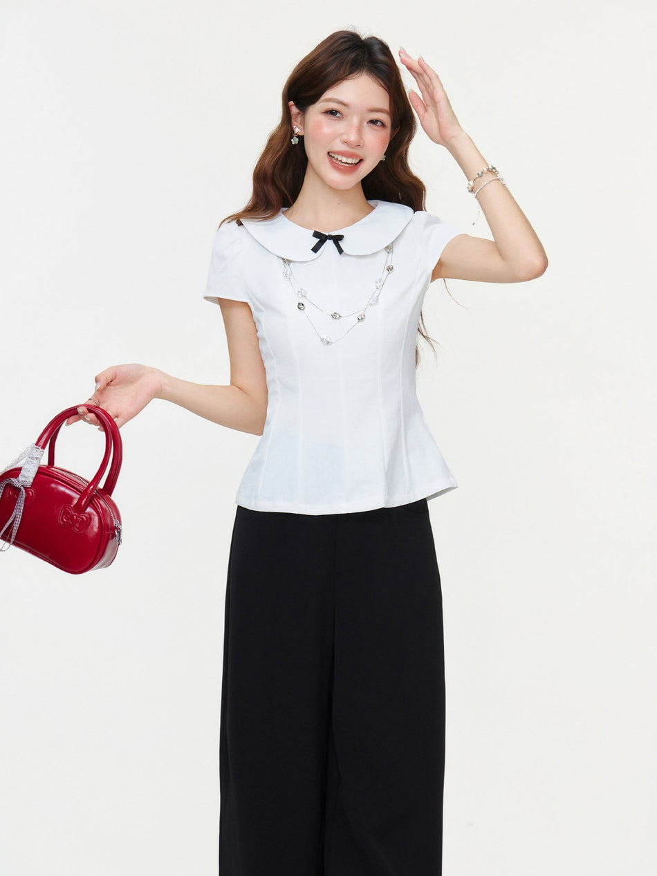 White Bow Doll Collar Slim Fit Women Summer T-Shirt