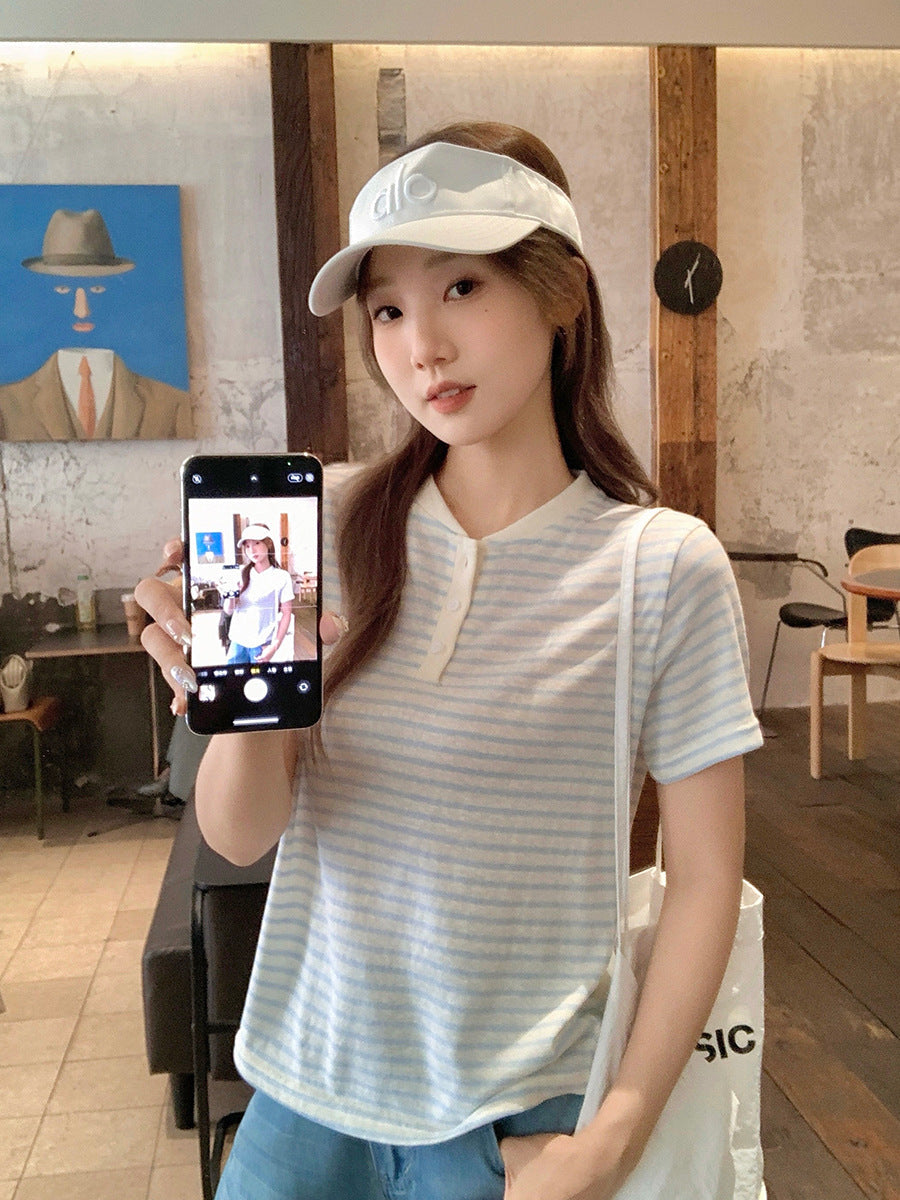 Blue White Striped Half Collar Women Summer T-Shirt