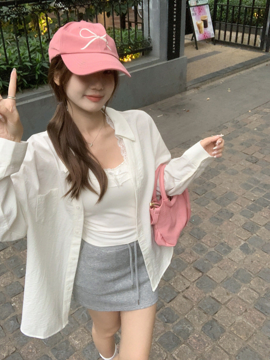 White Lapel Loose Shirt Women Summer Sunscreen Top