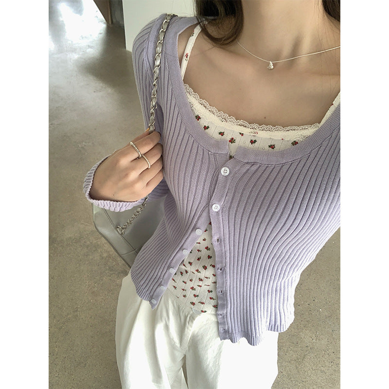 Purple Knit Slim Fit Cardigan Women Autumn Jacket