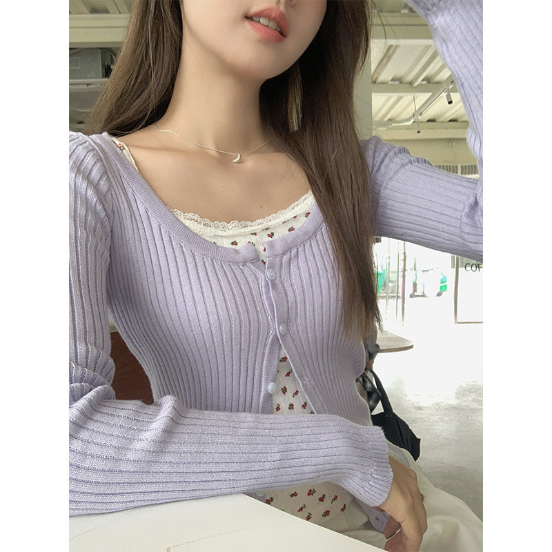 Purple Knit Slim Fit Cardigan Women Autumn Jacket
