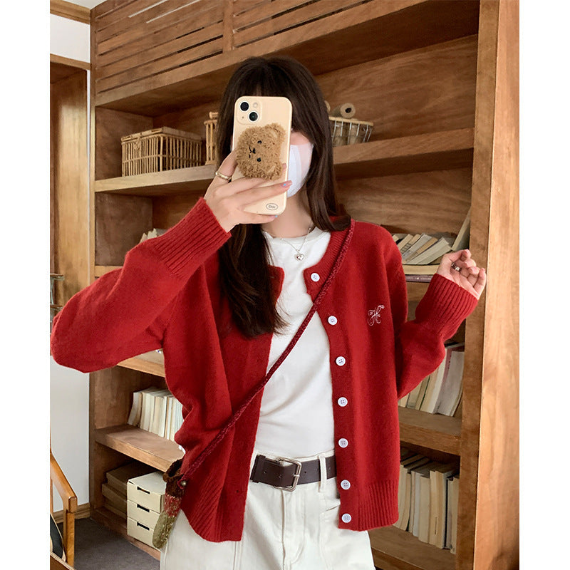 Red Knit Cardigan Women Embroidered Slim Fit Top