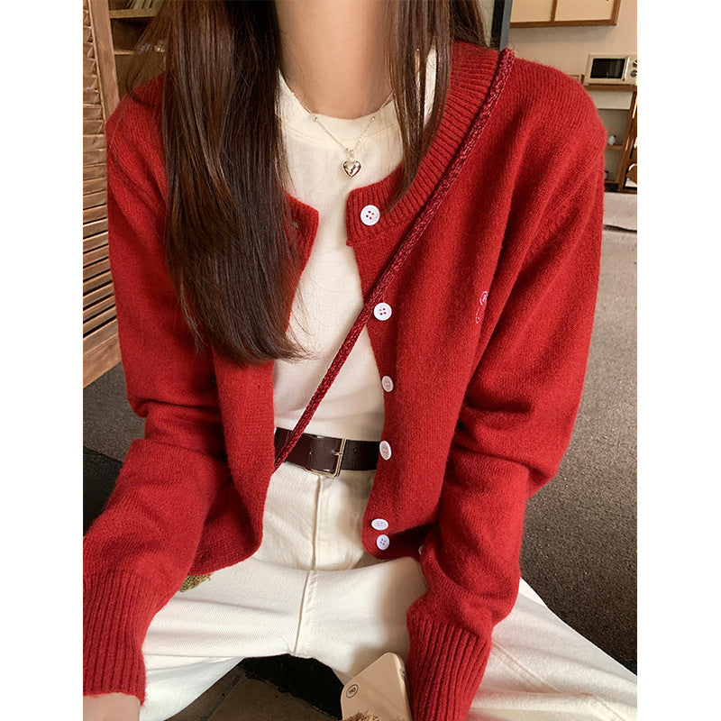 Red Knit Cardigan Women Embroidered Slim Fit Top