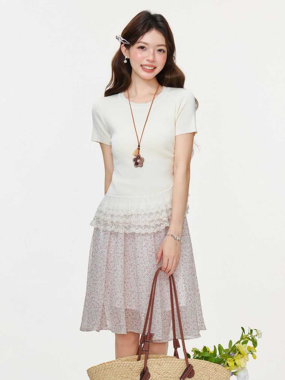 White Lace Pleated Short Sleeve Women Summer Top