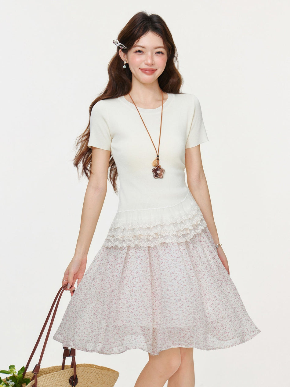 White Lace Pleated Short Sleeve Women Summer Top