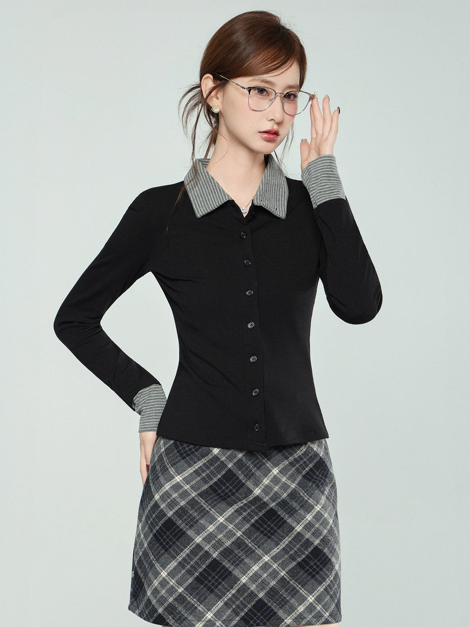 Black Striped Lapel Cardigan Women Winter Top