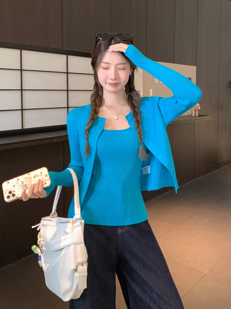 Ribbed Button Cardigan Women Slim Fit Autumn Top