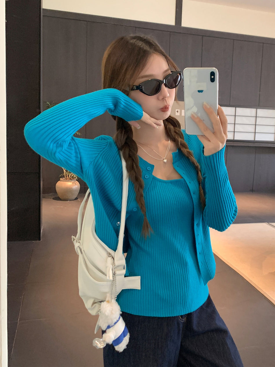 Ribbed Button Cardigan Women Slim Fit Autumn Top
