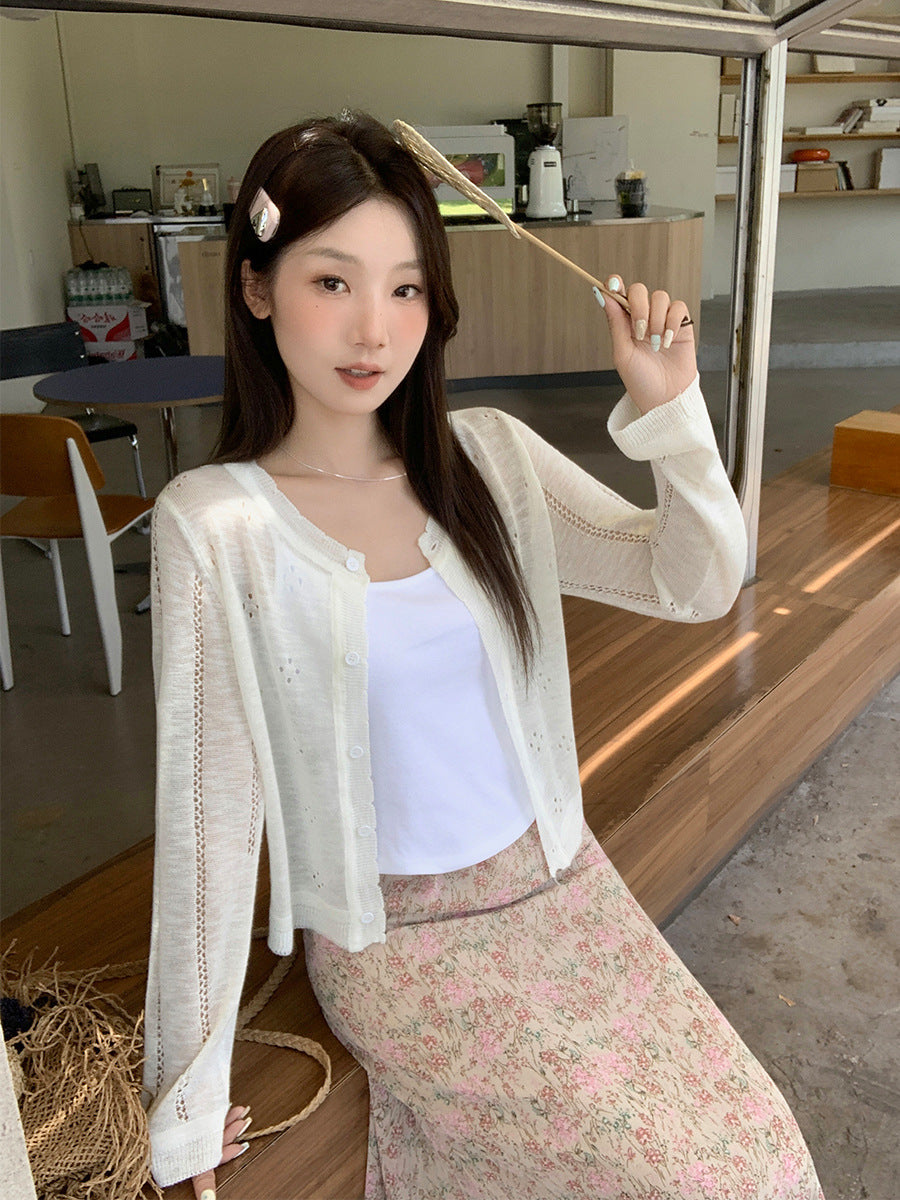 White Hollow Knit Button Cardigan Women Summer Top