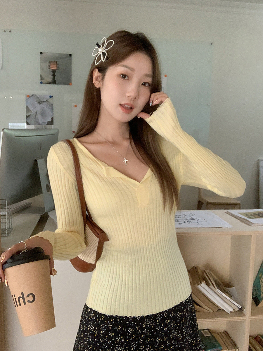 Yellow V-Neck Slim Knit Women Spring Summer Top