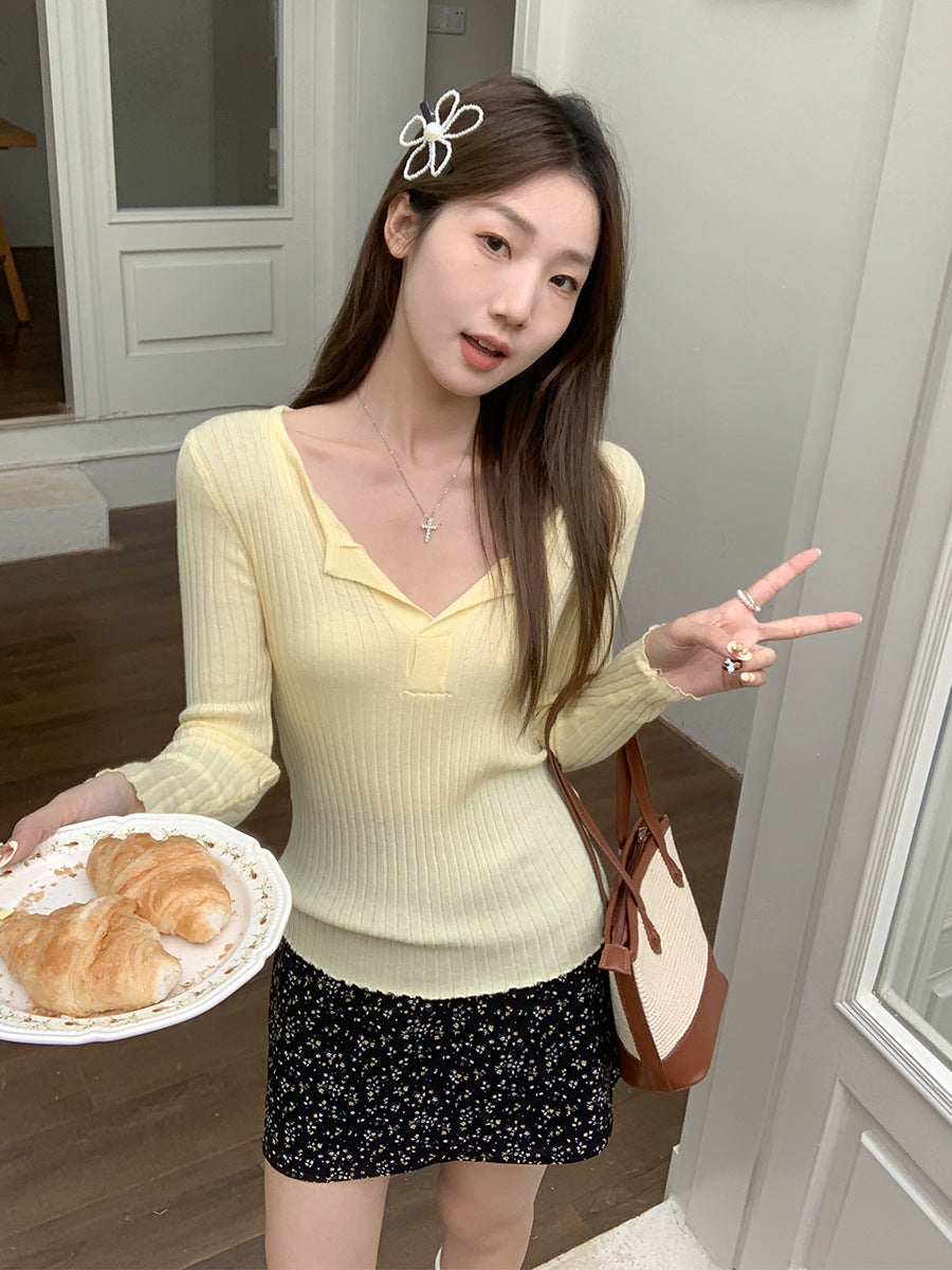 Yellow V-Neck Slim Knit Women Spring Summer Top