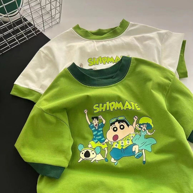 Kids Cotton Cartoon T-Shirt 2026 Summer Contrast Top