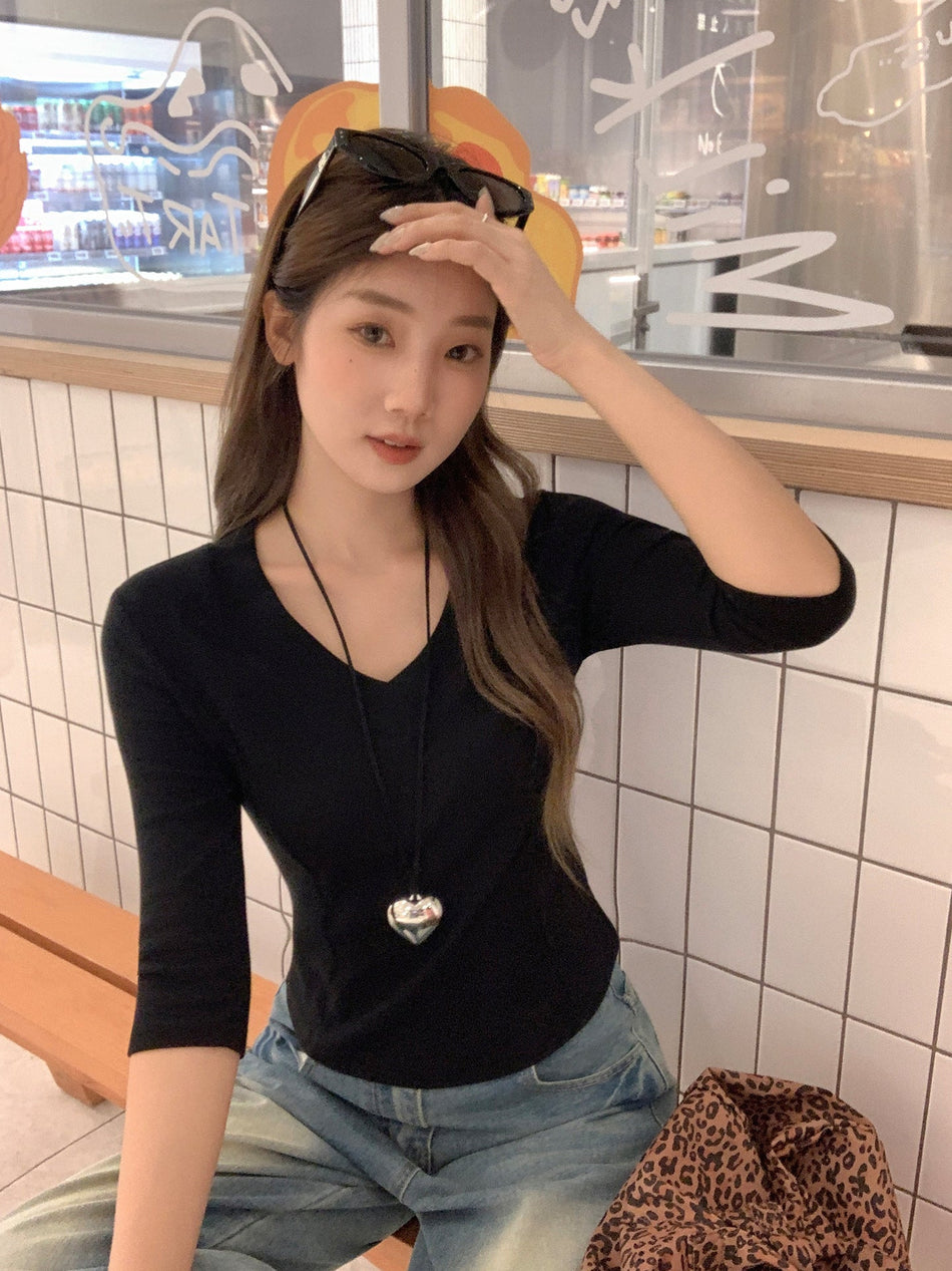 Korean Black Mid-Sleeve Slim Fit Women Top 2026 Autumn