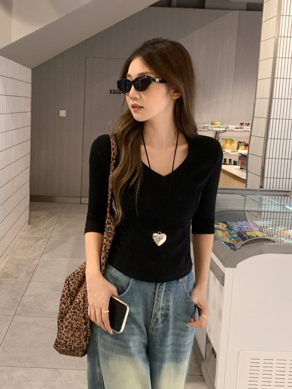 Korean Black Mid-Sleeve Slim Fit Women Top 2026 Autumn