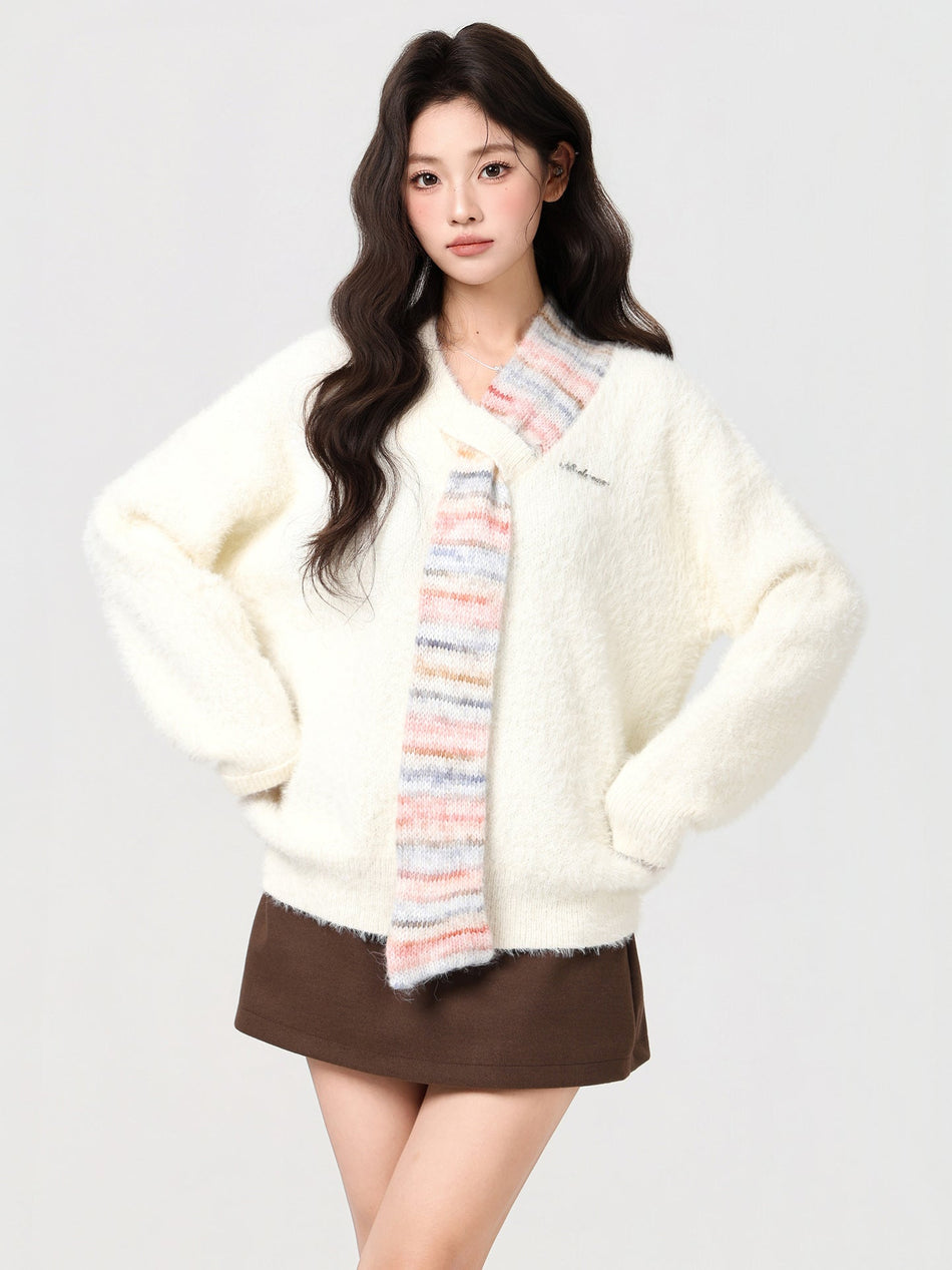 Off White Scarf Collar Sweater Women 2026 Winter