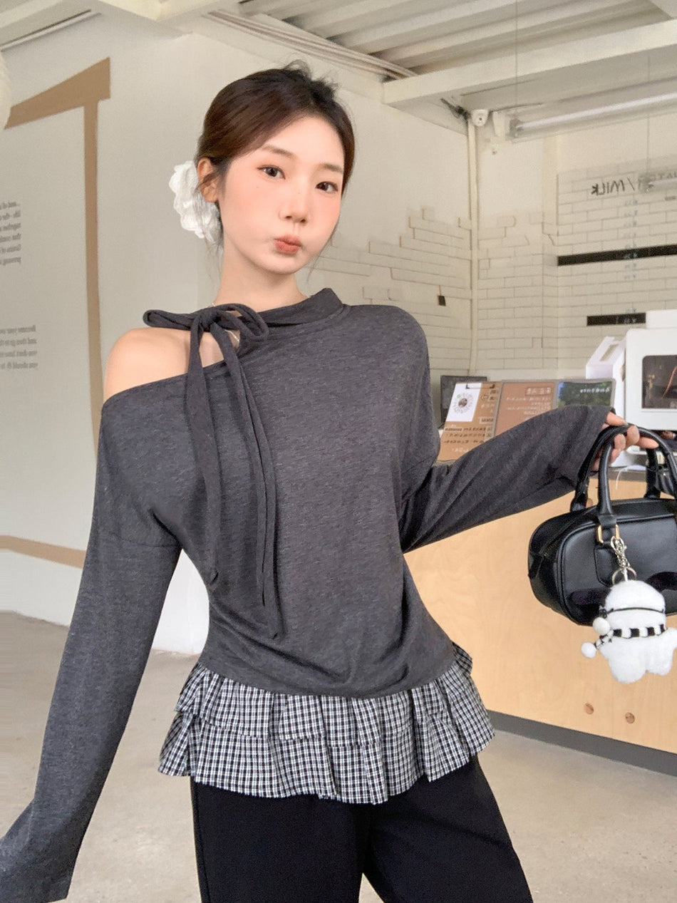 Gray Off Shoulder Knitted T-Shirt Women 2026 Autumn