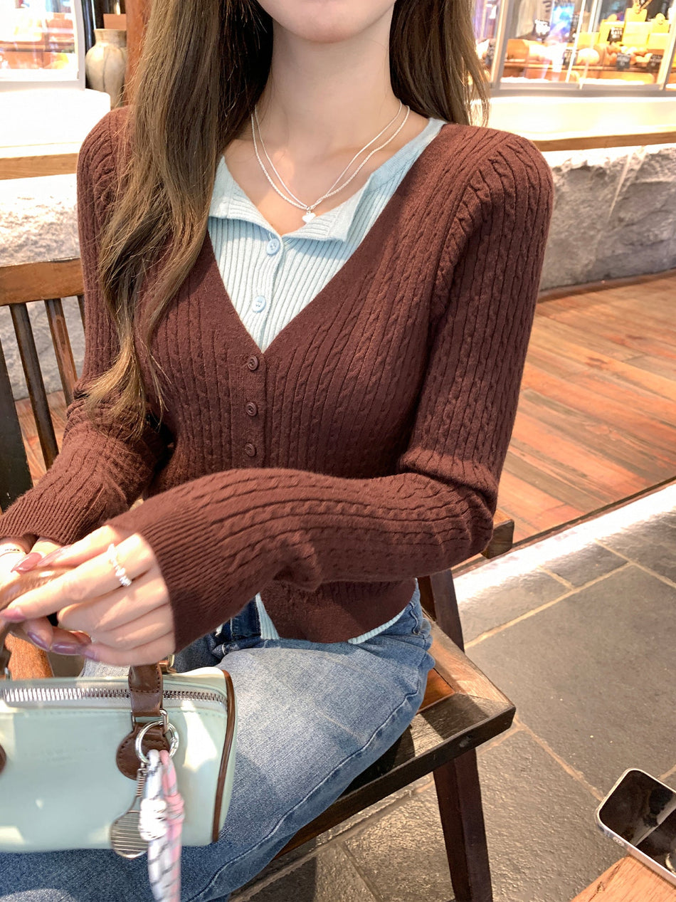 Fake Two-Piece V-Neck Knit Sweater Women 2026 Autumn