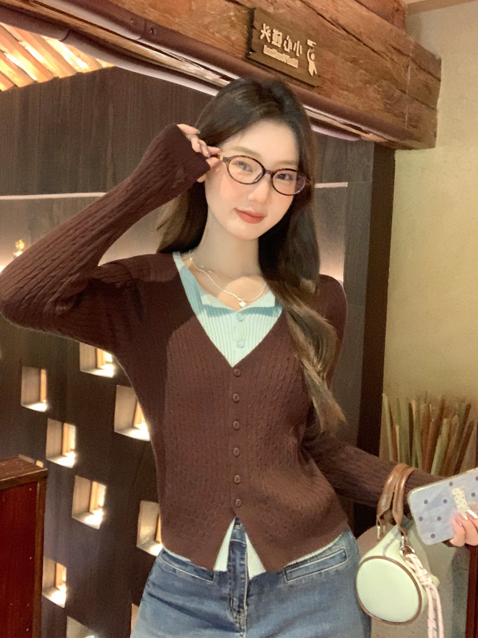 Fake Two-Piece V-Neck Knit Sweater Women 2026 Autumn