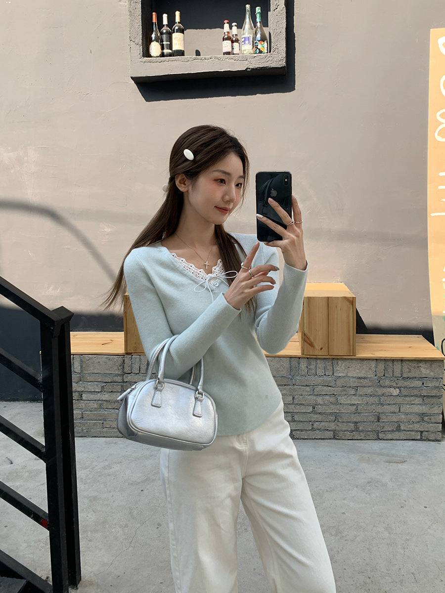 Lace Bow V-Neck Knit Sweater Women 2026 Autumn
