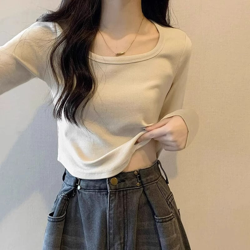 Apricot Square Neck Slim T-Shirt Women Autumn 2026
