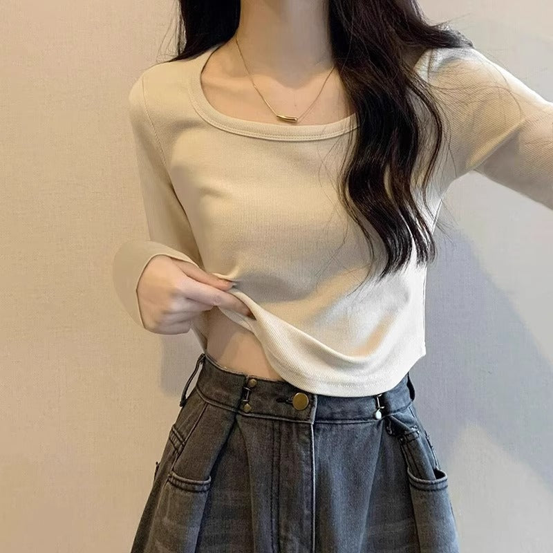 Apricot Square Neck Slim T-Shirt Women Autumn 2026