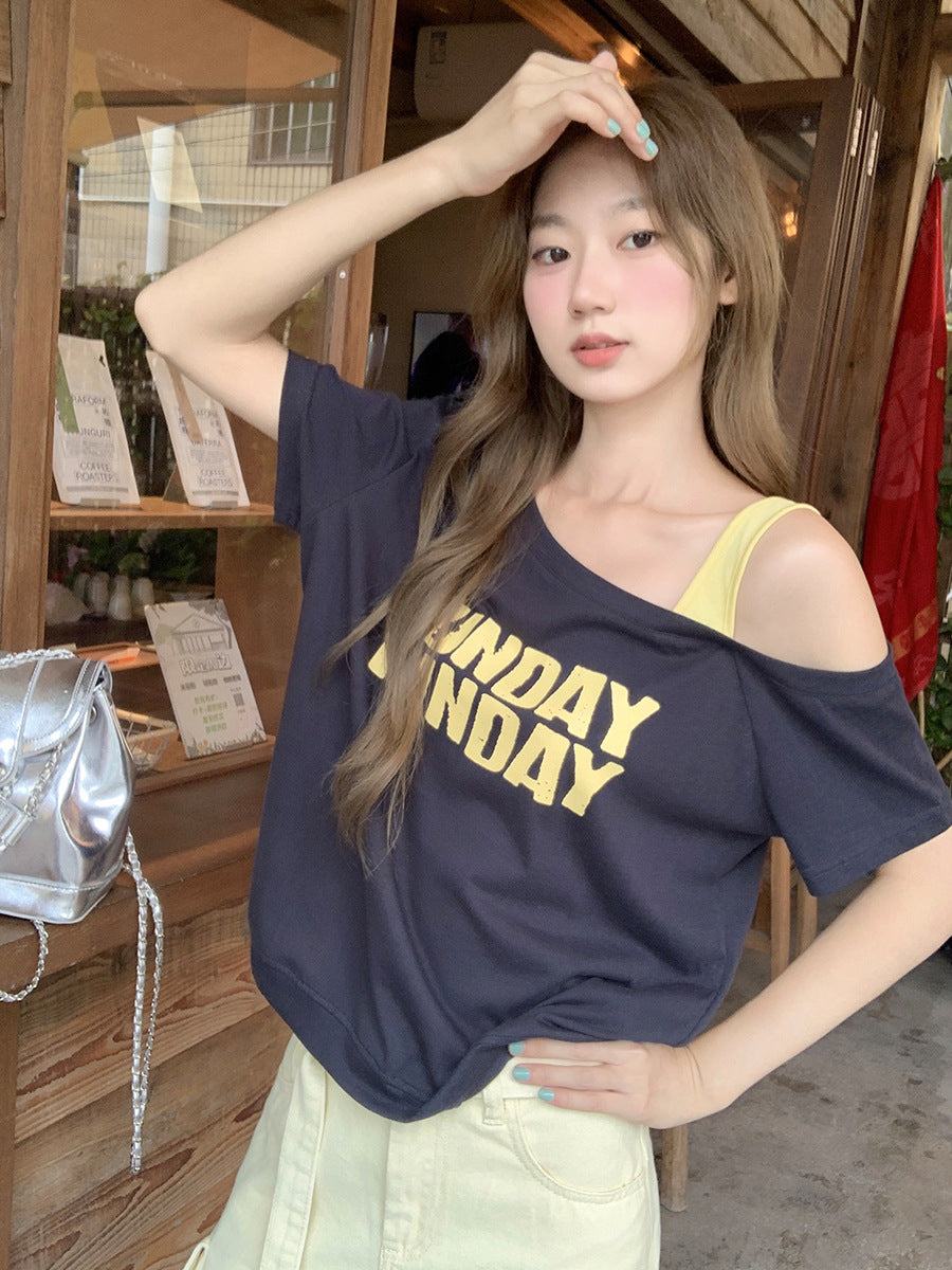 Blue Off Shoulder Letter T-Shirt Women Summer 2026
