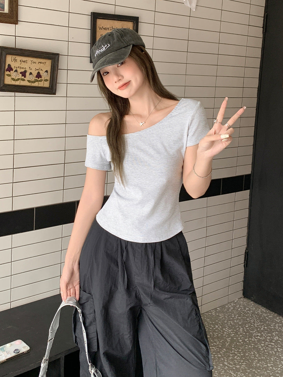 Korean Striped Slant Collar T-Shirt Women Summer 2026