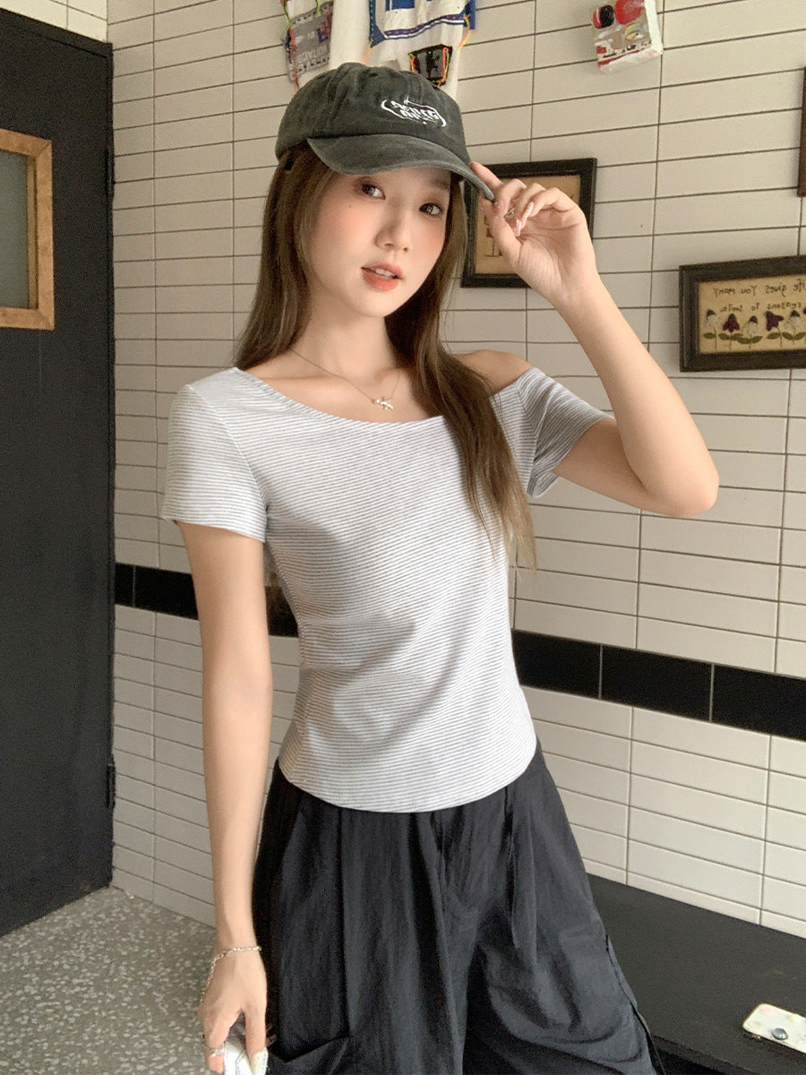 Korean Striped Slant Collar T-Shirt Women Summer 2026