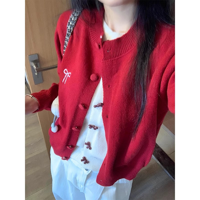 Christmas Red Bow Cardigan Women Winter 2026 Knit Top