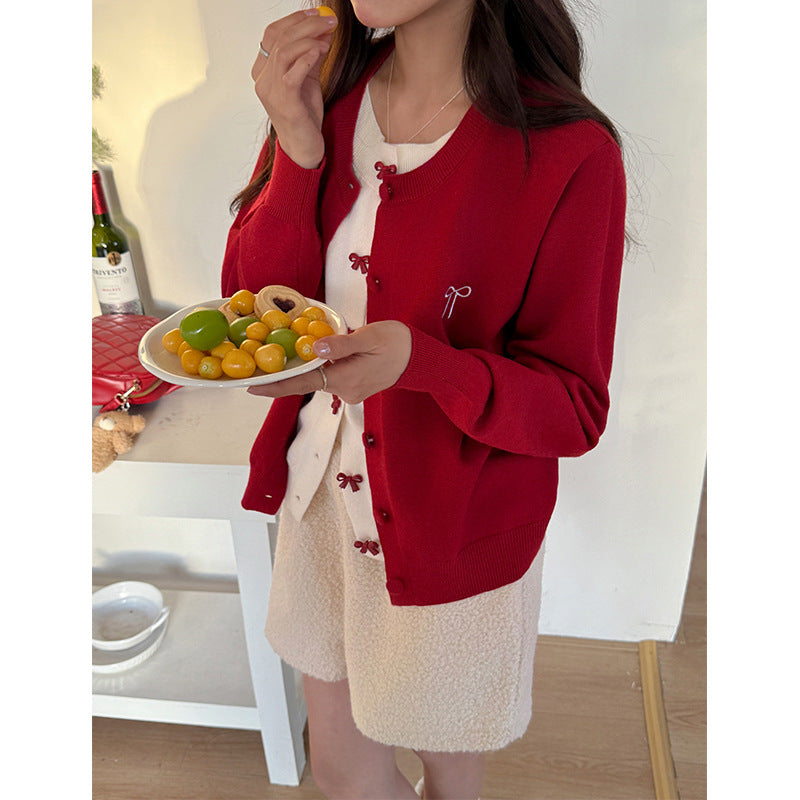 Christmas Red Bow Cardigan Women Winter 2026 Knit Top