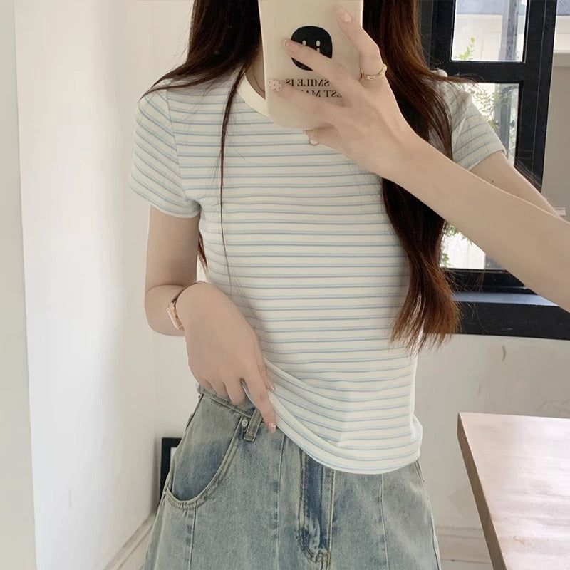 Blue White Striped Off Shoulder T-Shirt Women Summer 2026