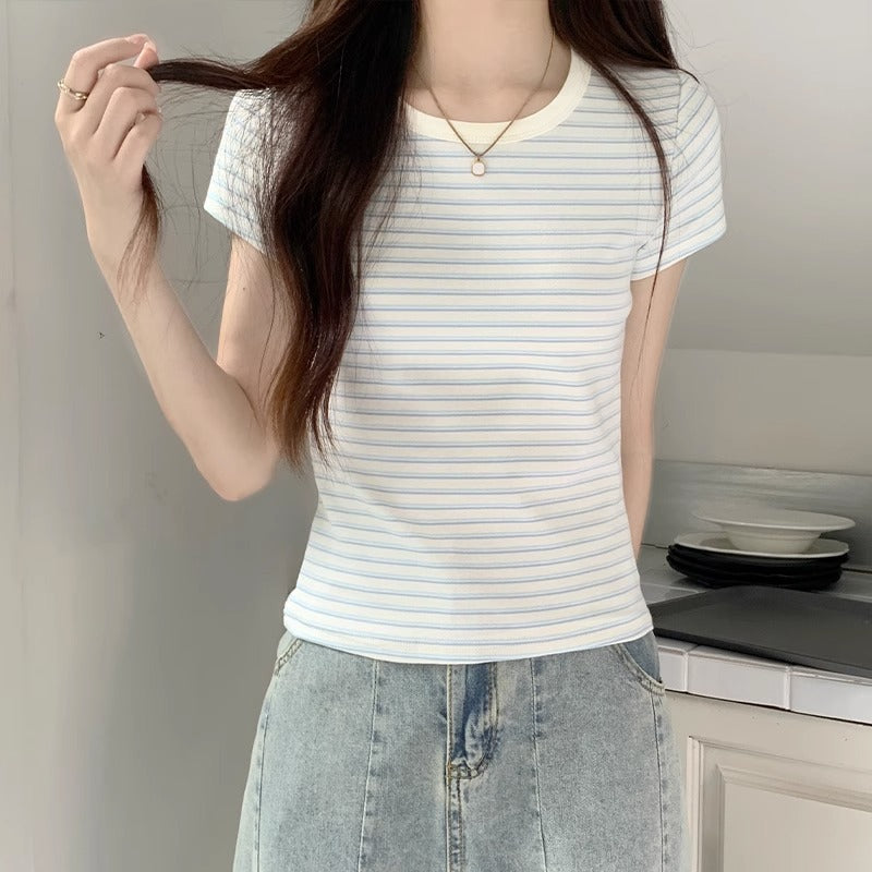 Blue White Striped Off Shoulder T-Shirt Women Summer 2026