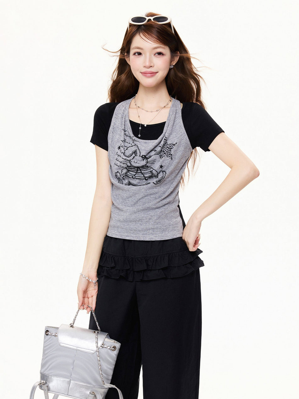 Retro Halter Fake Two-Piece T-Shirt Women Summer 2026