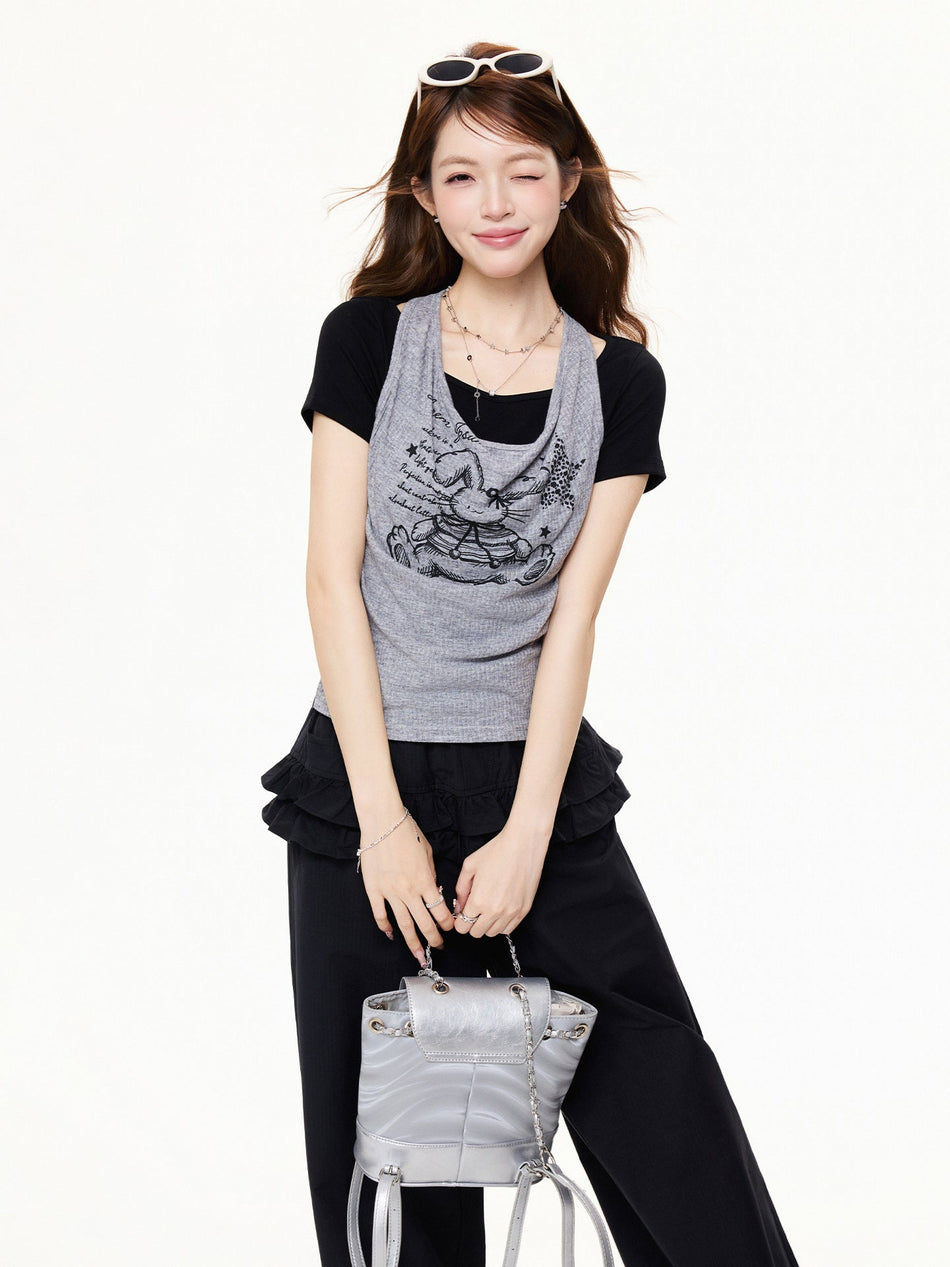 Retro Halter Fake Two-Piece T-Shirt Women Summer 2026