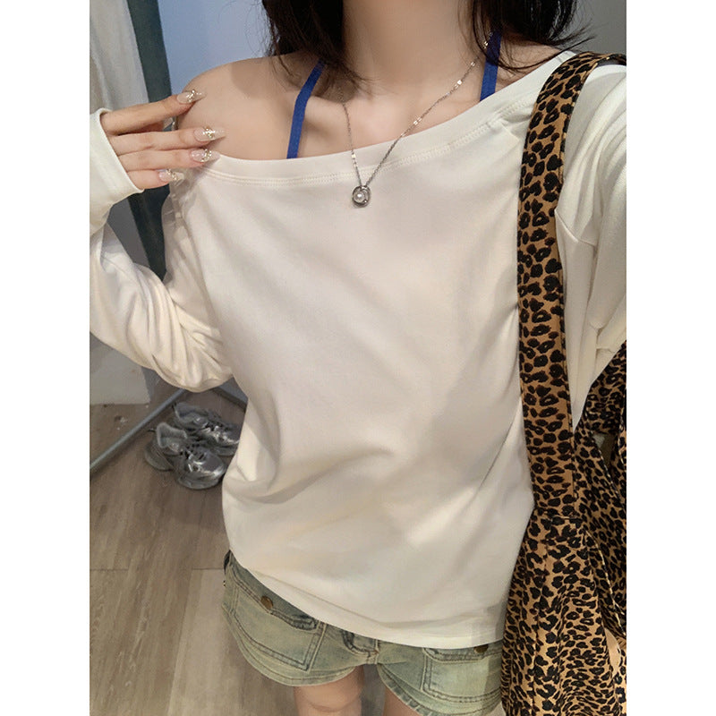 White Off Shoulder Slim T-Shirt Women Autumn 2026