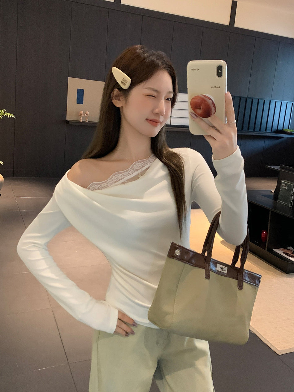 Korean Off Shoulder Lace T-Shirt Women Autumn 2026