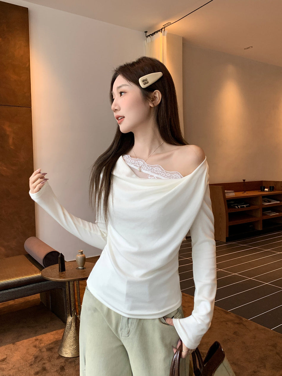 Korean Off Shoulder Lace T-Shirt Women Autumn 2026