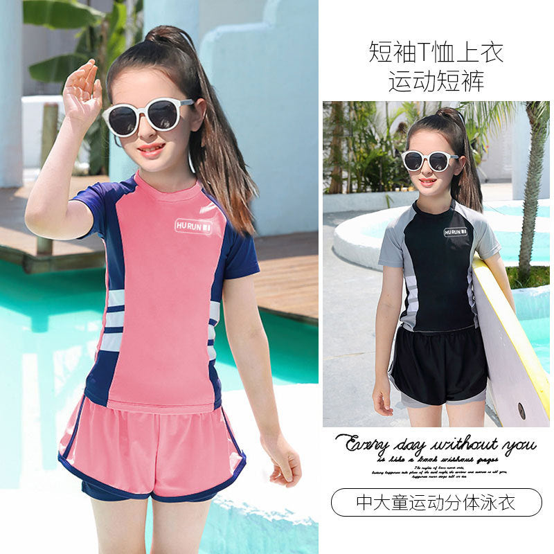 Girls’ Two-Piece Short-Sleeve Sun-Proof Swimsuit