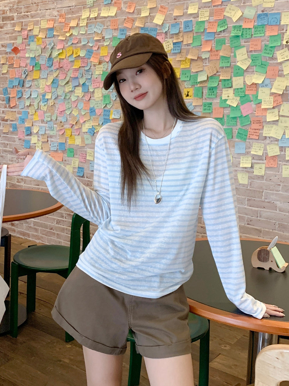 Blue Striped Thin Long Sleeve Blouse Women Summer 2026