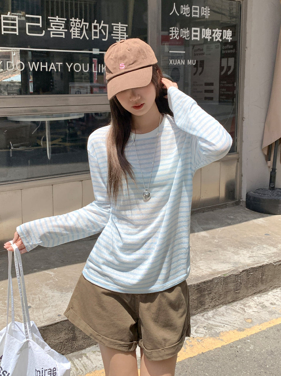 Blue Striped Thin Long Sleeve Blouse Women Summer 2026