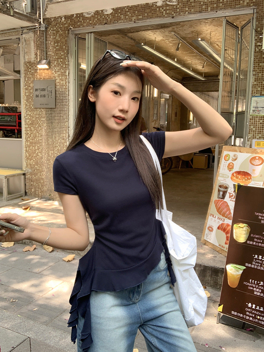 Navy Blue Ruffle Hem T-Shirt Women Summer 2026