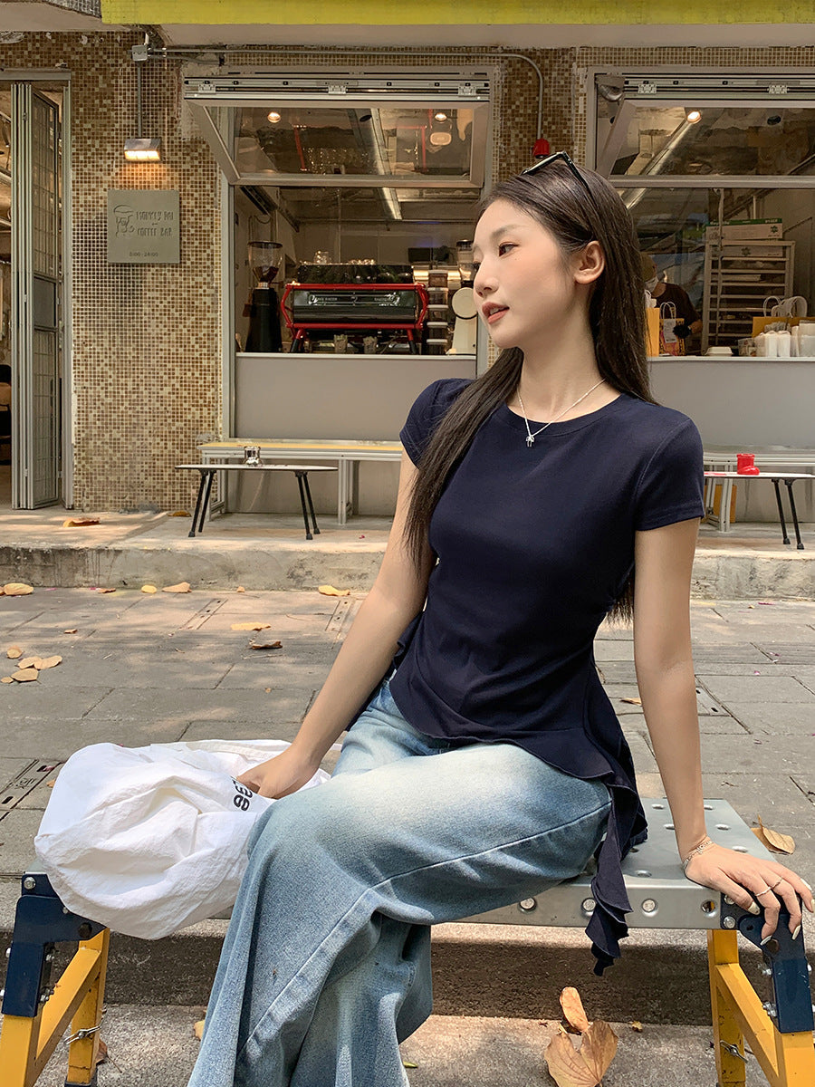 Navy Blue Ruffle Hem T-Shirt Women Summer 2026