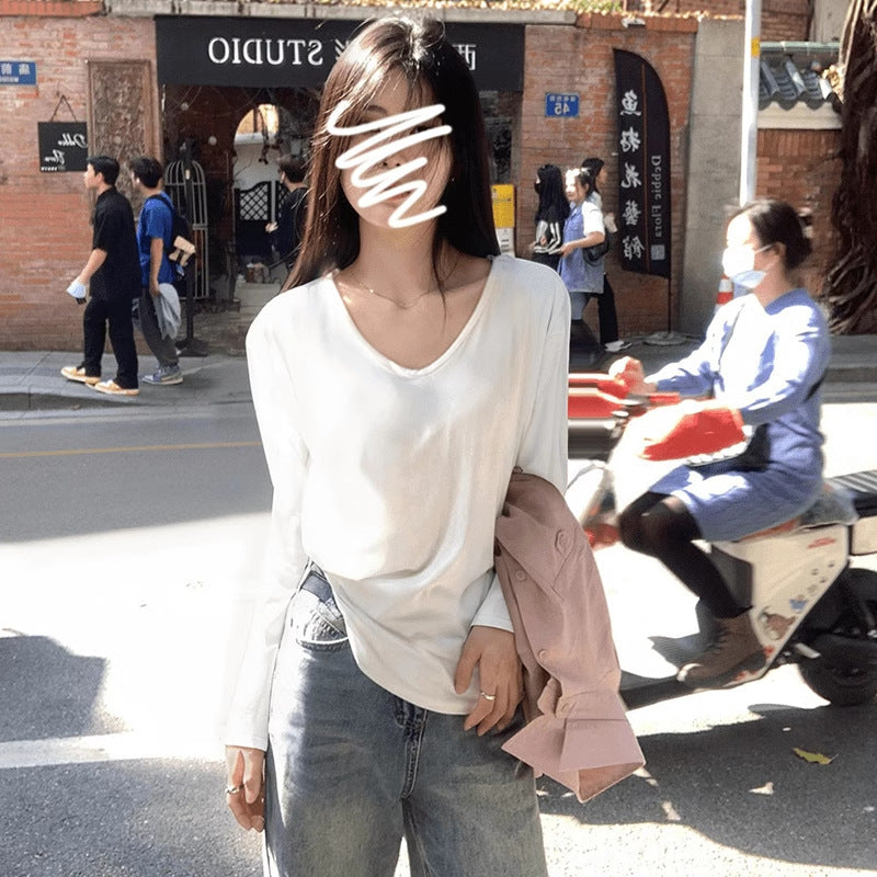 White V-Neck Loose Long Sleeve T-Shirt Women 2026