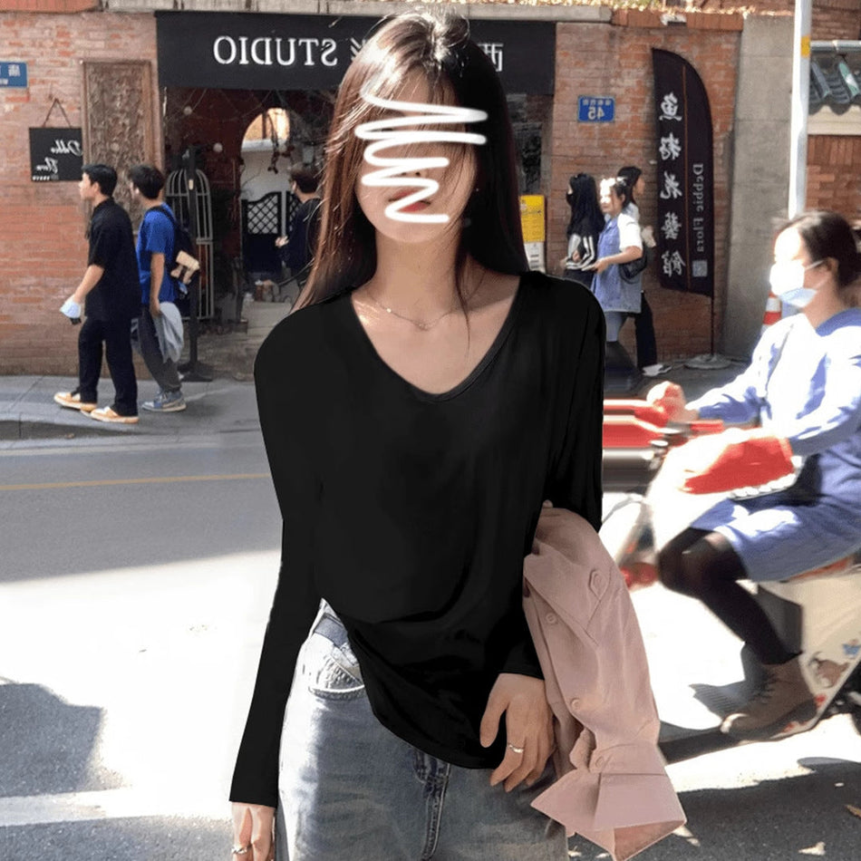 White V-Neck Loose Long Sleeve T-Shirt Women 2026