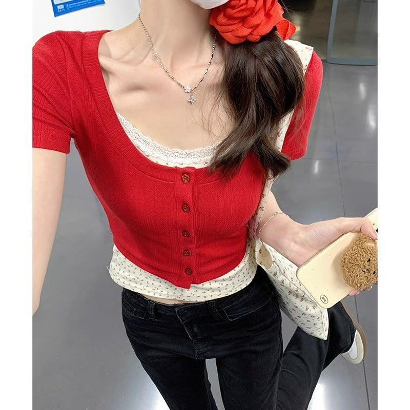 Retro Red Knit Cardigan T-Shirt Women Summer 2026